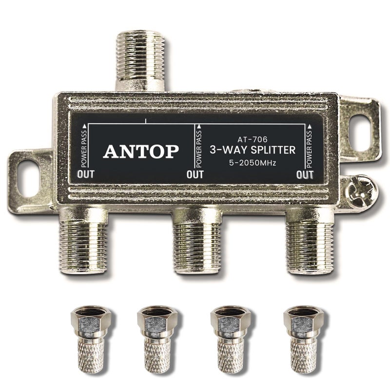ANTOP 3 Way Antenna Coaxial Splitter, TV Signal Splitter 2GHz- 5-2050MHz - Low-Loss RF Splitter for TV and Satellite AT-706 - Image 1